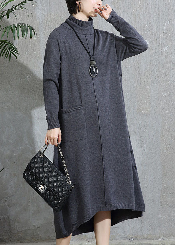 Women Grey Turtleneck Pockets Patchwork Woolen Sweater Dress Fall