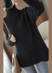 Women Grey Turtleneck Striped Knitting Sweaters Long Sleeve