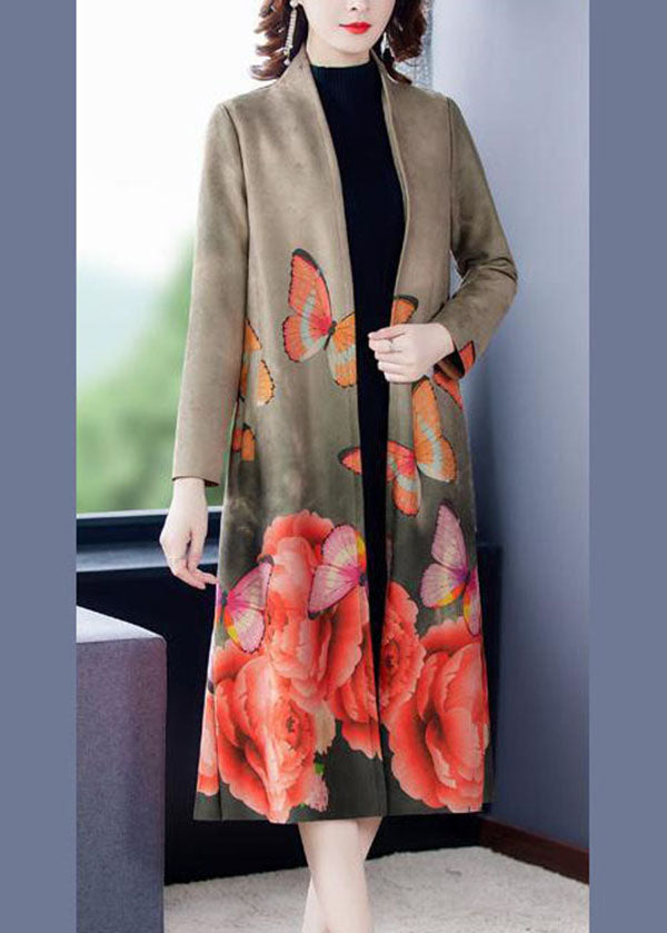 Women Grey V Neck Butterfly Print Faux Suede Coats Long Sleeve