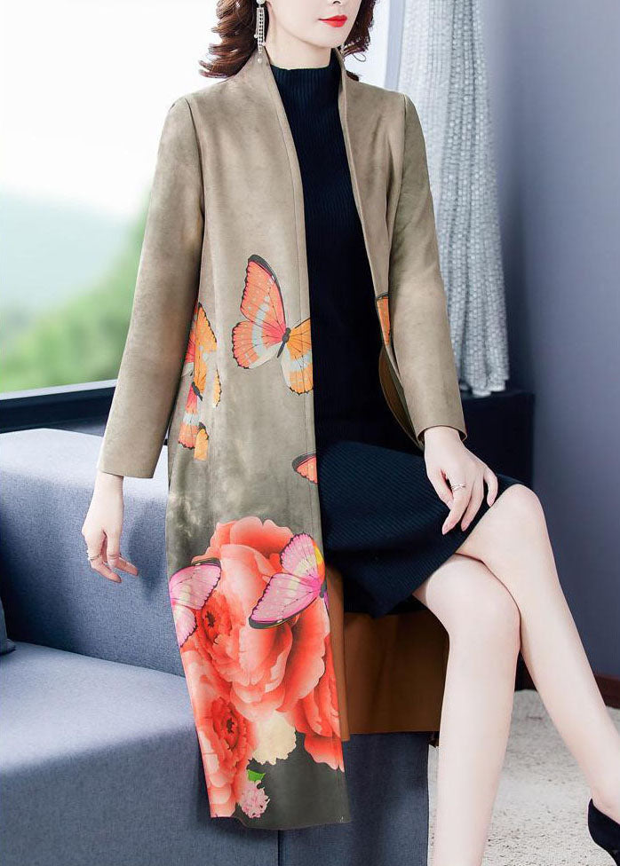 Women Grey V Neck Butterfly Print Faux Suede Coats Long Sleeve