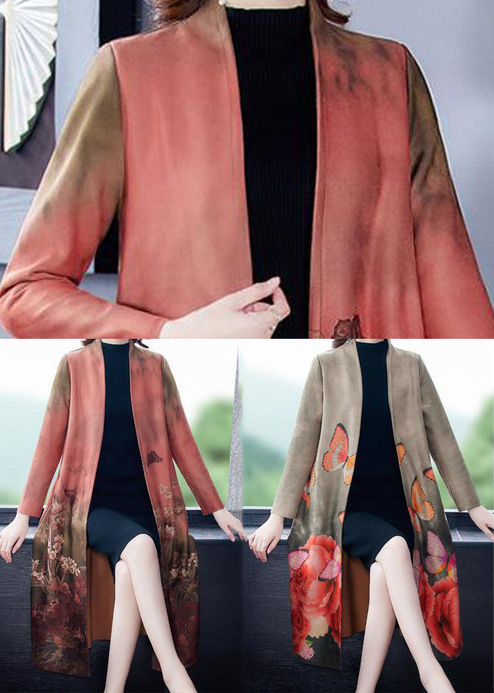 Women Grey V Neck Butterfly Print Faux Suede Coats Long Sleeve