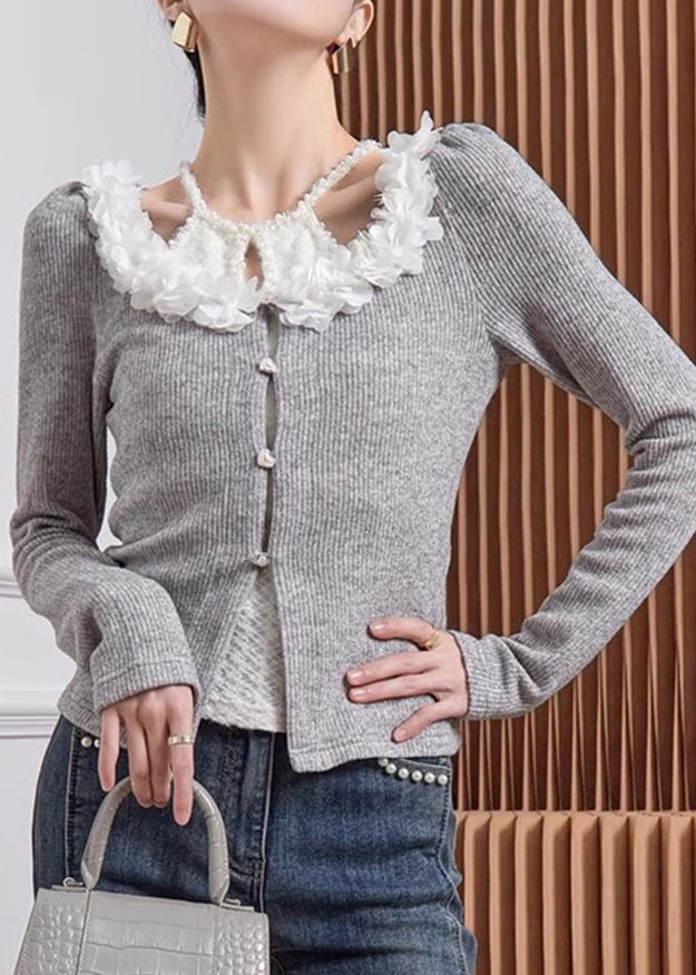 Women Grey V Neck Floral Cotton Knit Cardigans Fall