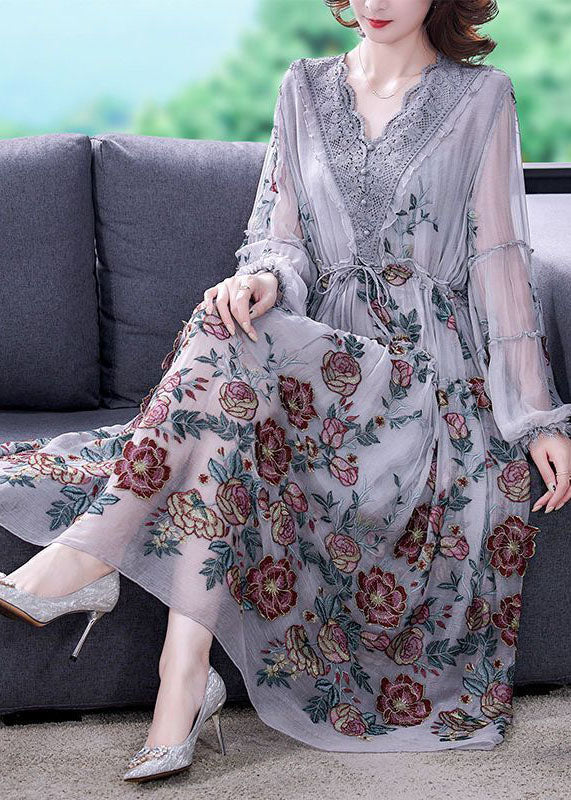 Women Grey V Neck Patchwork Embroideried Silk Cinched Dress Lantern Sleeve