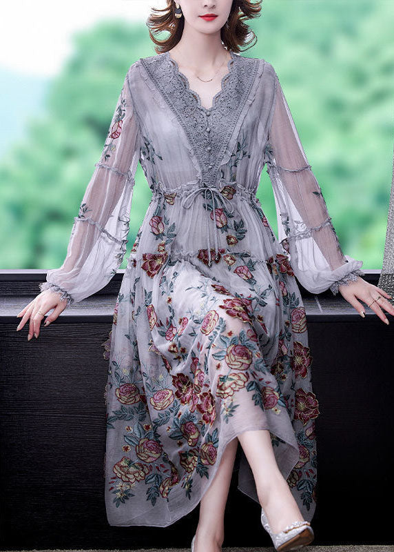 Women Grey V Neck Patchwork Embroideried Silk Cinched Dress Lantern Sleeve