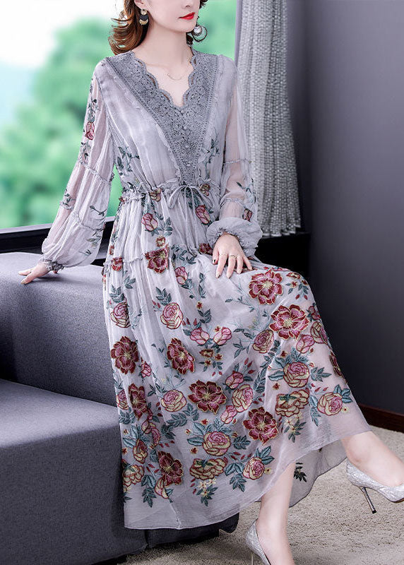 Women Grey V Neck Patchwork Embroideried Silk Cinched Dress Lantern Sleeve