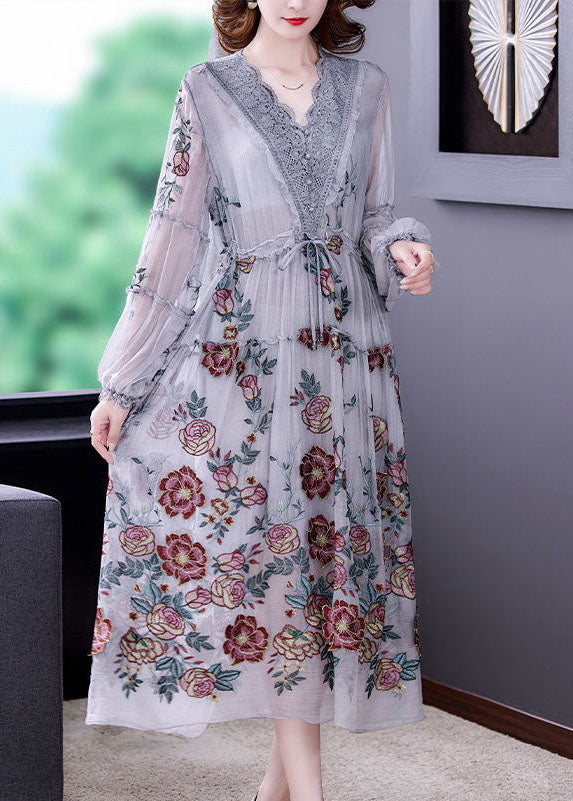 Women Grey V Neck Patchwork Embroideried Silk Cinched Dress Lantern Sleeve