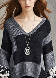 Women Grey V Neck Patchwork Knit Sweater Fall