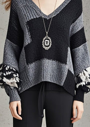 Women Grey V Neck Patchwork Knit Sweater Fall