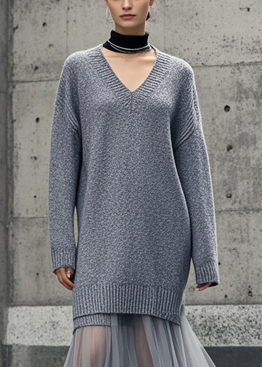 Women Grey V Neck Patchwork Tulle Knitwear Dress Winter