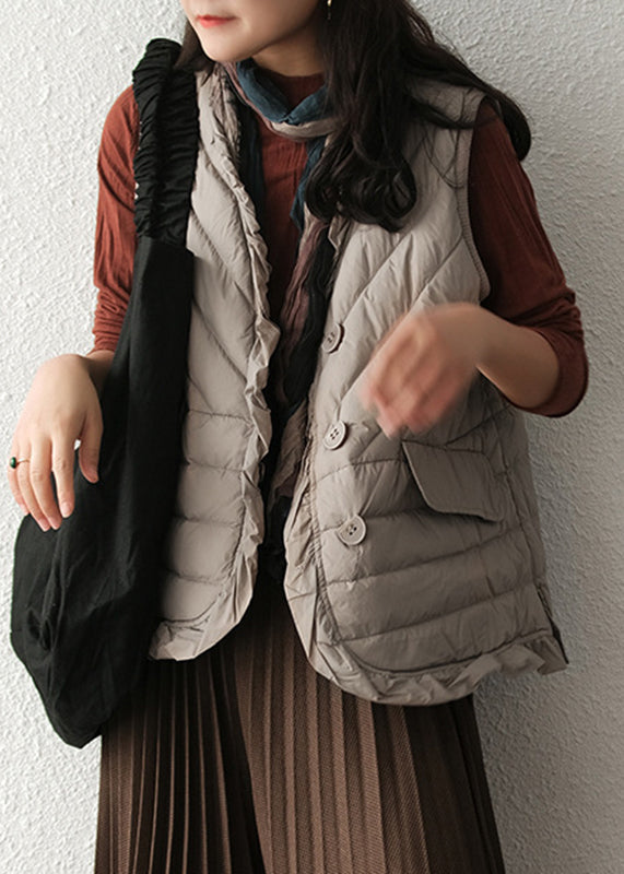 Women Grey V Neck Pockets Duck Down Waistcoat Winter