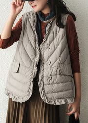 Women Grey V Neck Pockets Duck Down Waistcoat Winter