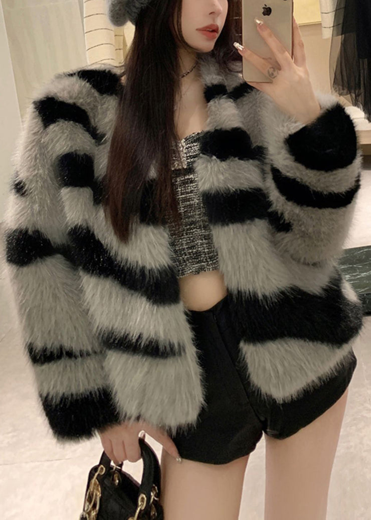 Women Grey V Neck Striped Fuzzy Fur Fluffy Coat Winter