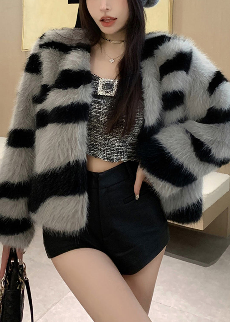 Women Grey V Neck Striped Fuzzy Fur Fluffy Coat Winter