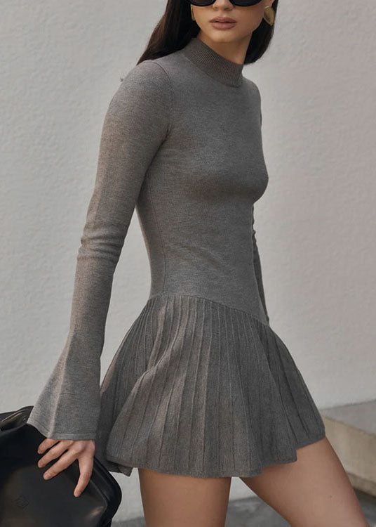 Women Grey Wrinkled Patchwork Knit Sweater Dress Winter