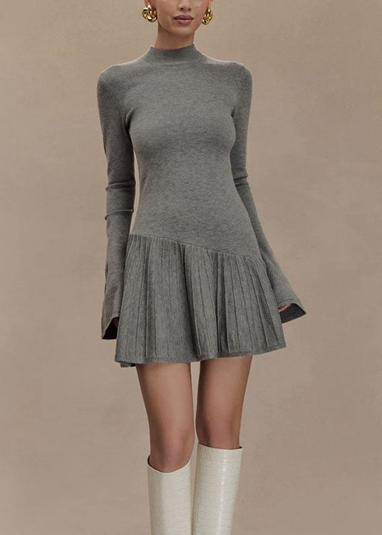 Women Grey Wrinkled Patchwork Knit Sweater Dress Winter