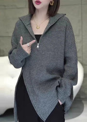 Women Grey Zip Up Asymmetrical Loose Knit Sweaters Spring