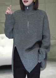 Women Grey Zip Up Asymmetrical Loose Knit Sweaters Spring