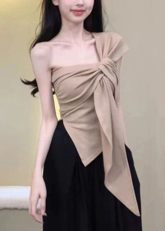 Women Khaki Asymmetrical One Shoulder Cotton T Shirt Sleeveless