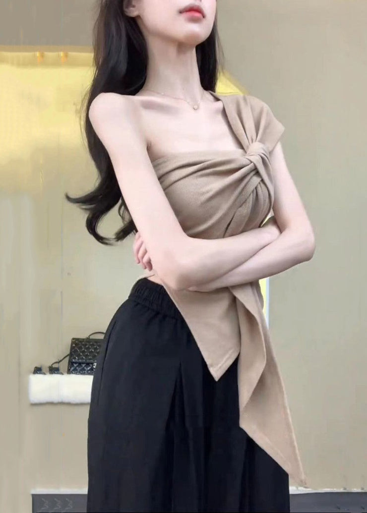 Women Khaki Asymmetrical One Shoulder Cotton T Shirt Sleeveless