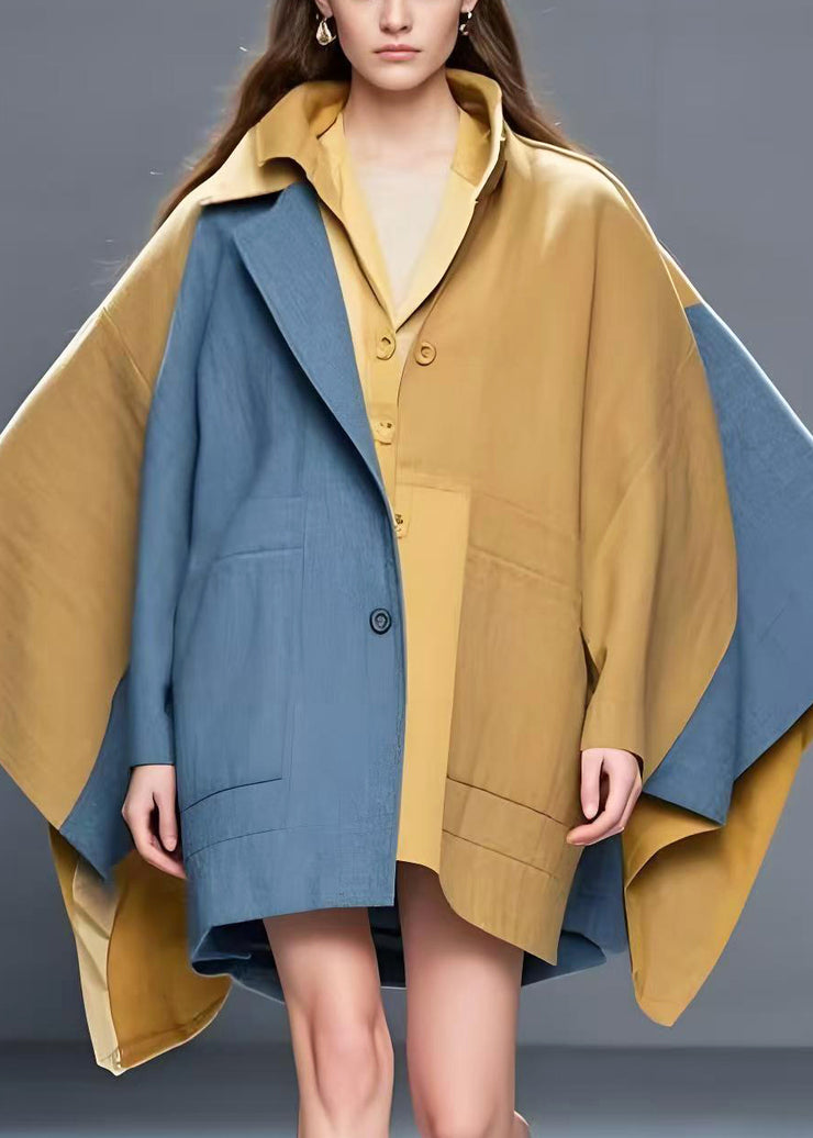 Women Khaki Asymmetrical Patchwork Cotton Trench Batwing Sleeve