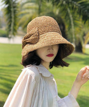 Women Khaki Bow Side Open Straw Woven Bucket Hat