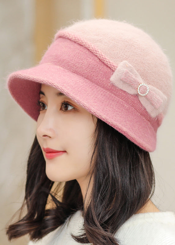 Women Khaki Bow Soft And Breathable Rabbit Fur Bucket Hat