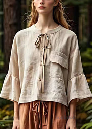 Women Khaki Button Lace Up Cotton Shirt Bracelet Sleeve