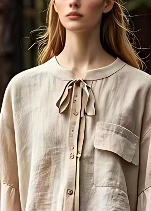 Women Khaki Button Lace Up Cotton Shirt Bracelet Sleeve