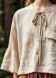 Women Khaki Button Lace Up Cotton Shirt Bracelet Sleeve