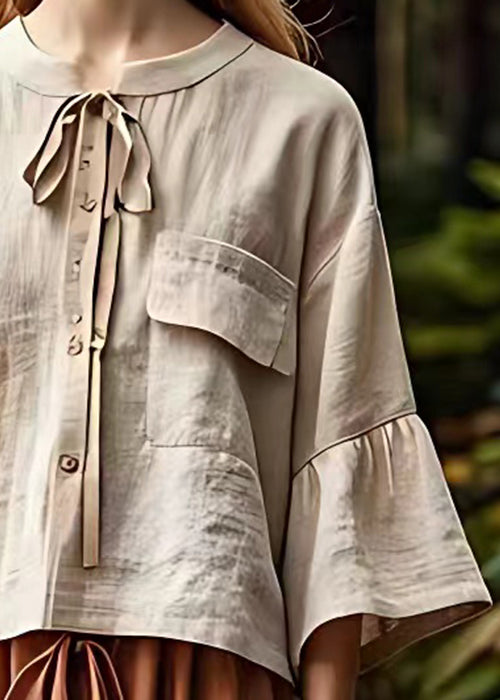 Women Khaki Button Lace Up Cotton Shirt Bracelet Sleeve