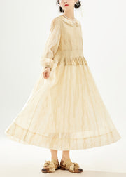 Women Khaki Double Layer Wrinkled Patchwork Cotton Long Dress Long Sleeve
