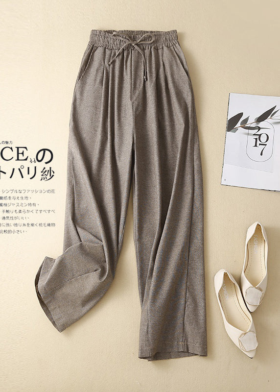 Women Khaki Elastic Waist Linen Pants Spring