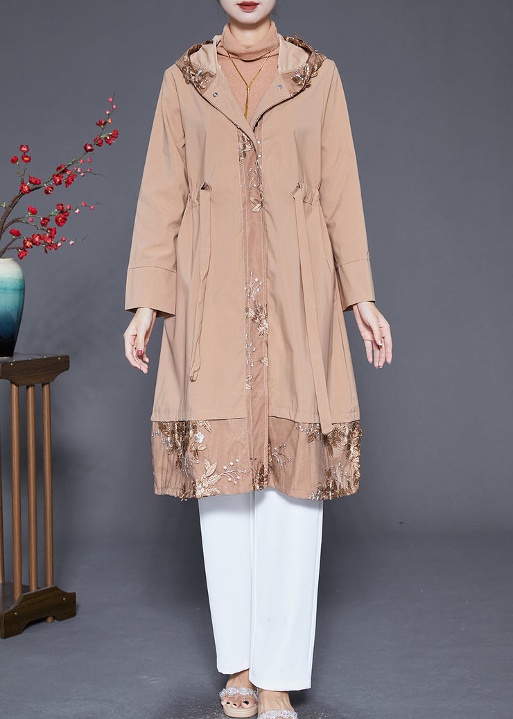 Women Khaki Embroidered Patchwork Cinched Spandex Trench Fall