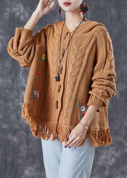 Women Khaki Embroidered Tasseled Knit Jackets Fall