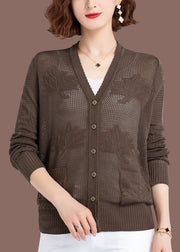 Women Khaki Hollow Out Embroideried Patchwork Thin Knit Cardigan Fall