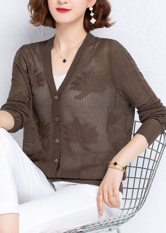 Women Khaki Hollow Out Embroideried Patchwork Thin Knit Cardigan Fall