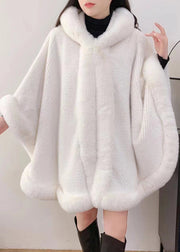 Women Khaki Hooded Fur Collar Warm Fleece Cape Coat Winter