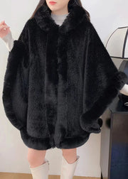 Women Khaki Hooded Fur Collar Warm Fleece Cape Coat Winter