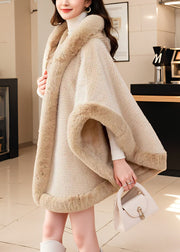 Women Khaki Hooded Fur Collar Warm Fleece Cape Coat Winter