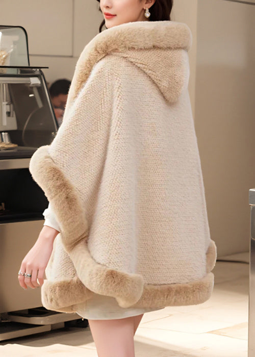 Women Khaki Hooded Fur Collar Warm Fleece Cape Coat Winter