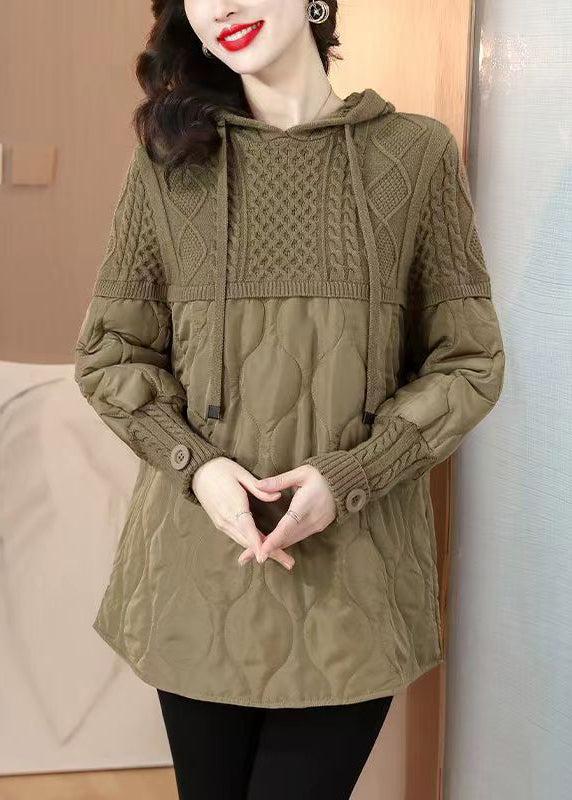 Women Khaki Hooded Knit Patchwork Thick Tops Long Sleeve