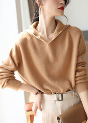 Women Khaki Hooded Oversized Wool Knit Sweater Tops Spring