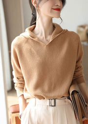 Women Khaki Hooded Oversized Wool Knit Sweater Tops Spring