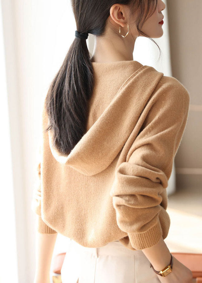 Women Khaki Hooded Oversized Wool Knit Sweater Tops Spring