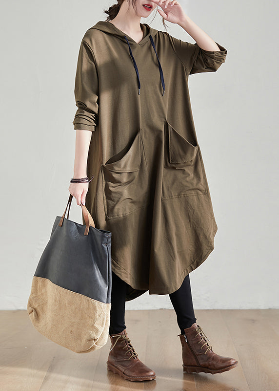 Women Khaki Hooded Pockets Patchwork Cotton Dress Fall