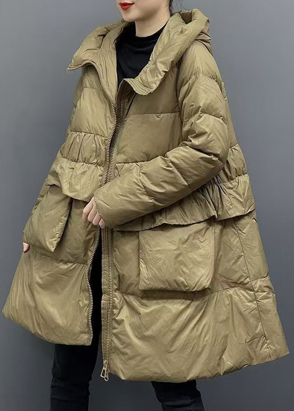 Women Khaki Hooded Zippered Pockets Down Coats Winter