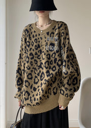 Women Khaki Leopard O Neck Cozy Knit Sweater Spring