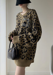 Women Khaki Leopard O Neck Cozy Knit Sweater Spring