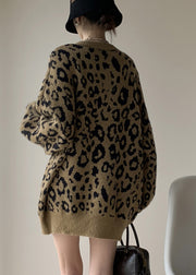 Women Khaki Leopard O Neck Cozy Knit Sweater Winter