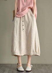 Women Khaki Linen Elastic Waist Button Skirt - SooLinen